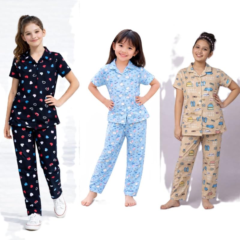 Girls Night Suit Set Soft Cotton Printed Half Sleeve Sleepwear Pajamas Pack of 3