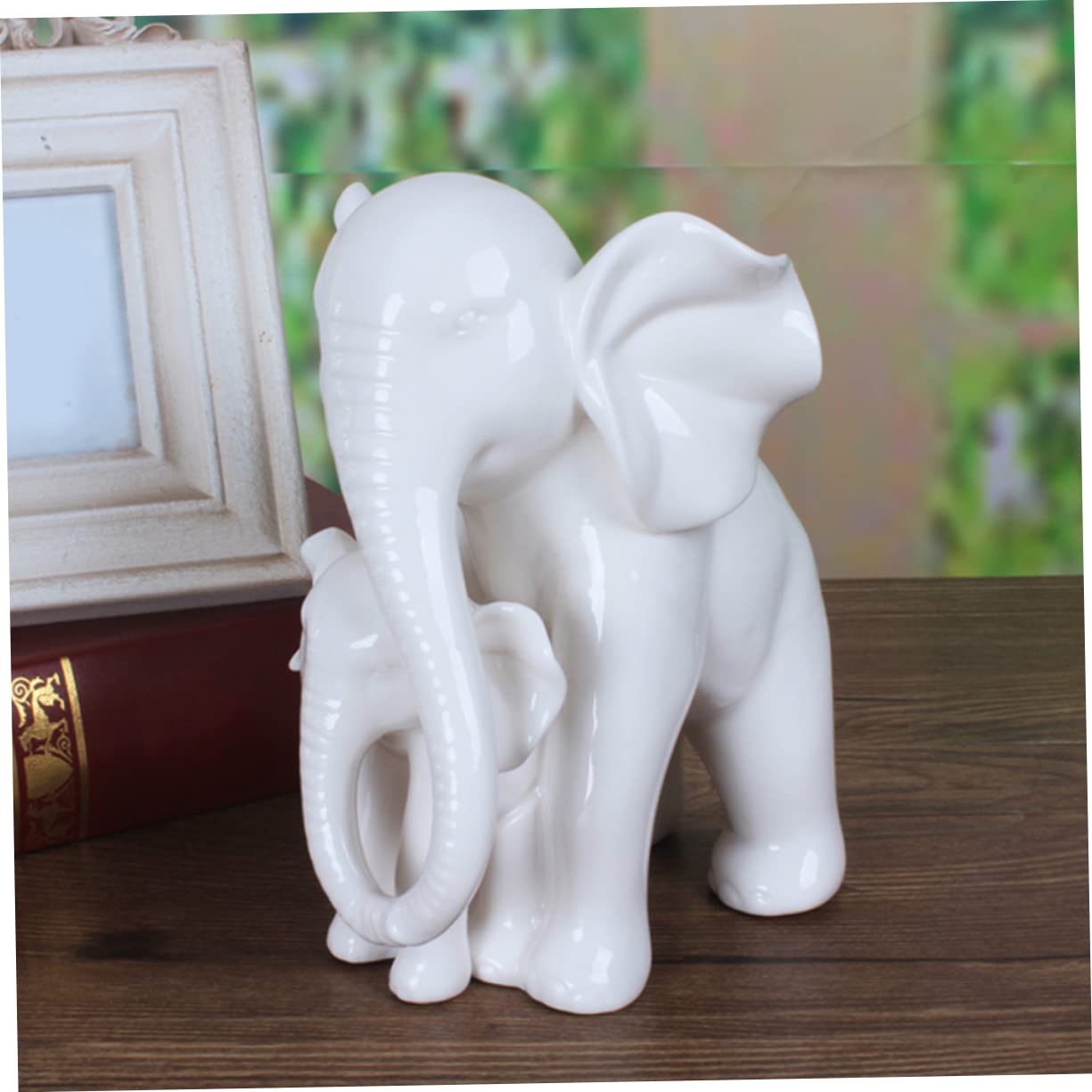 Didiseaon Estatua de Elefante Madre y Cría de Cerámica White