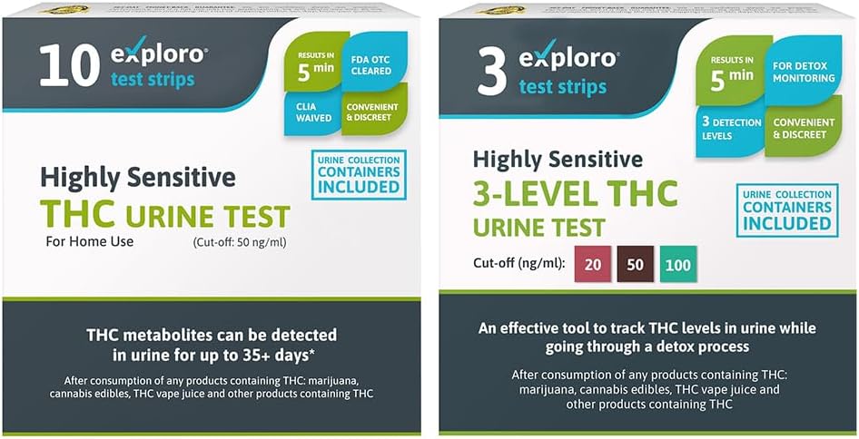 10-Pack Exploro Highly Sensitive at Home THC Drug Test Kit,THC Tests for Home 50 ng/ml + 3-Pack Multilevel THC Tests for Home, Marijuana Test Kit Home with 3 Level THC Drug Test for 20,50,100 ng/ml