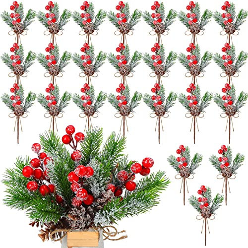 24 Pcs Christmas Floral Pine Cones for Crafts White Red Berry Stems Artificial Pine Branches with Snowflakes Flocked Holly Holiday Floral Picks for DIY Xmas Tree Winter Decor Red Colors