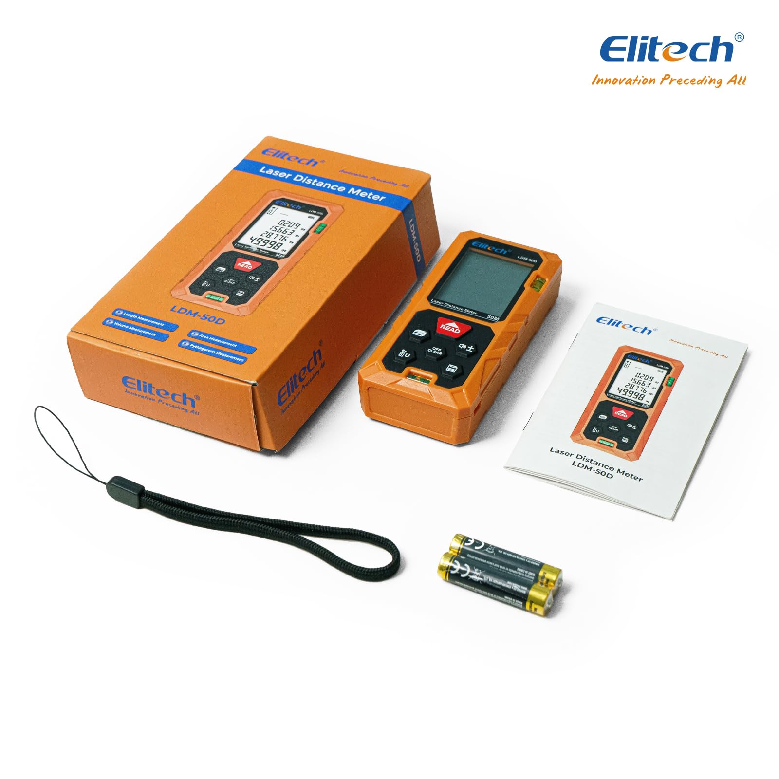 Elitech Dalmierz laserowy Bluetooth 50 m cyfrowy miernik laserowy z trybami powierzchni/głośności/pitagoras, 99 wspomnień, wbudowany poziomica, przełączane jednostki Ft/in/M