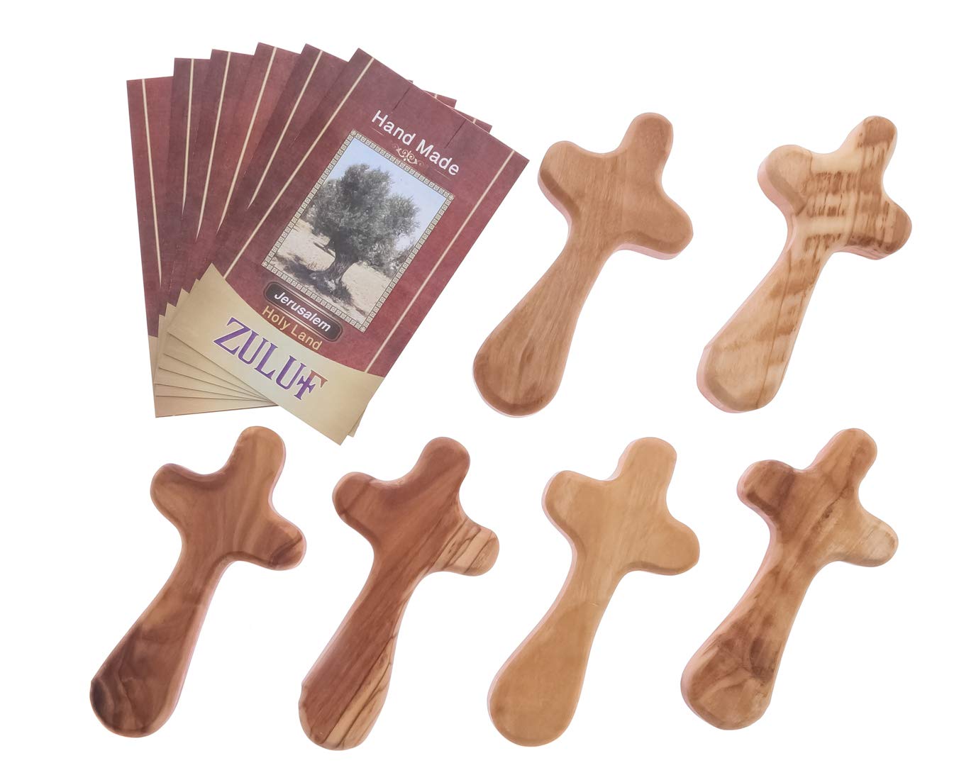 Zuluf Set of 6 Medium Olive Wood Gifts 3.7" (9.5cm) – Clinging Cross to Fit in Your Hand – Handmade Wooden Pocket Worry Cross for Anxiety – Palm Sunday Gifts CRS111