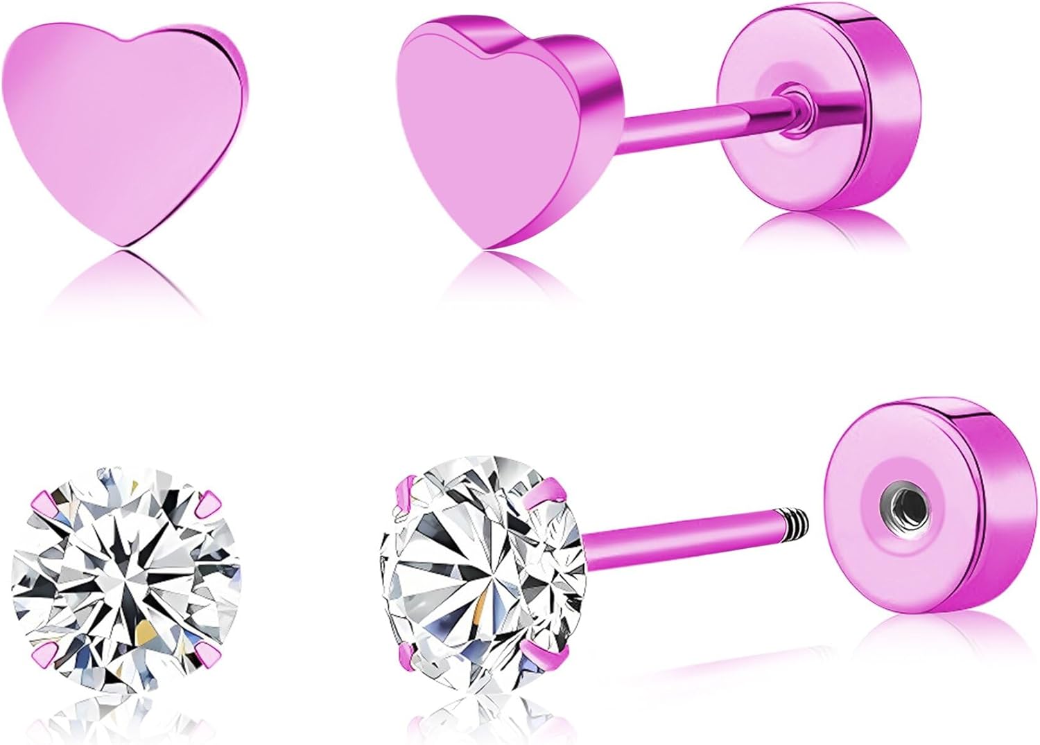 2 Pairs Flat Back Earrings Women, Titanium Star and Moon Earrings, Heart & CZ Flatback Stud, Butterfly & Lightning Screw Back, Crosses and Triangles Stud, Gold/Pink/Silver/Black Options