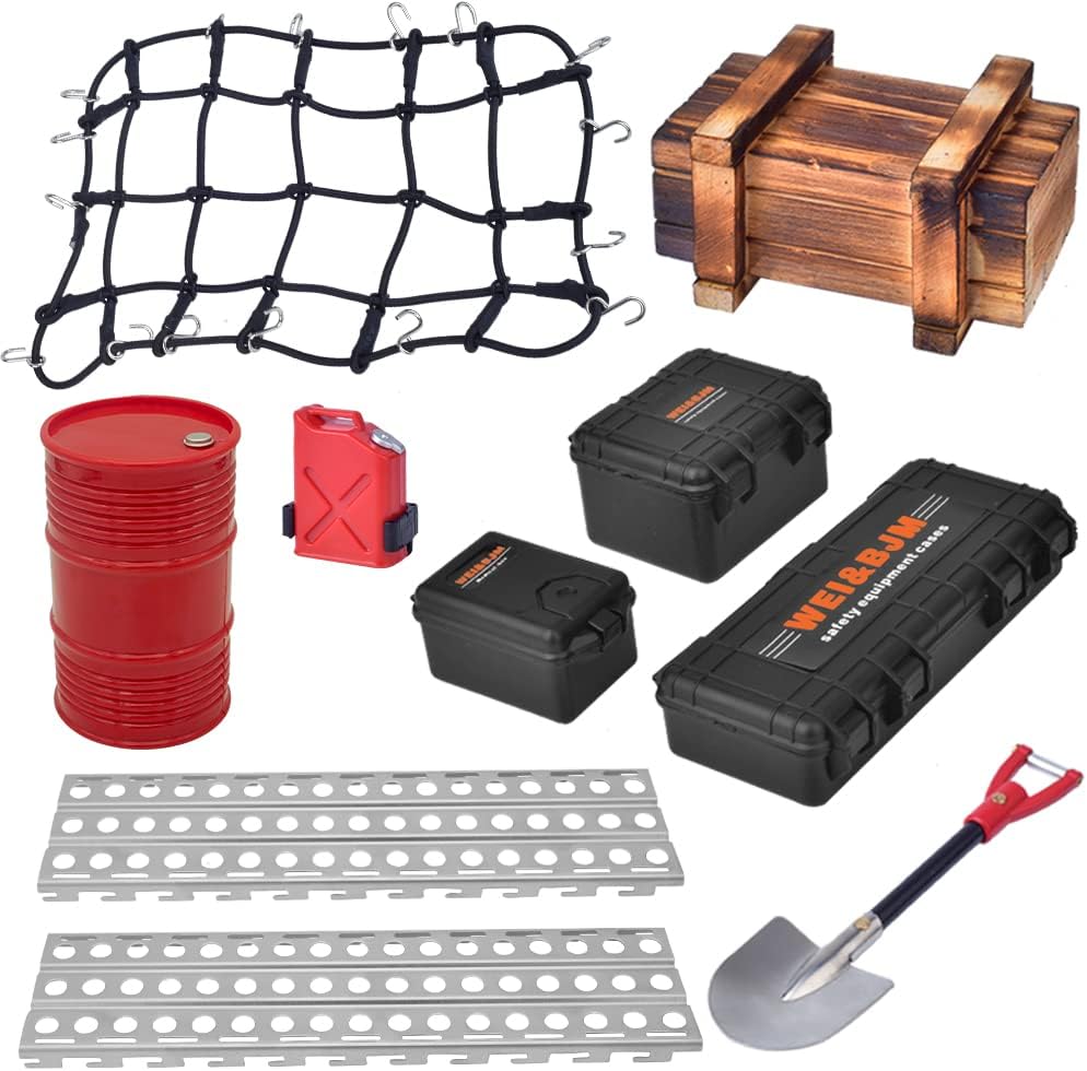GLABACT 10 Pcs RC Crawler Car roof Decoration Luggage Net/Oil Drum/Wood Box/Fuel Tank/Recovery Board/Toolbox/Shovel for RC 1/10 Crawler Trx4 Trx6 AXIAL SCX10 Redcat GEN 7 8 Rc4wd Accessories