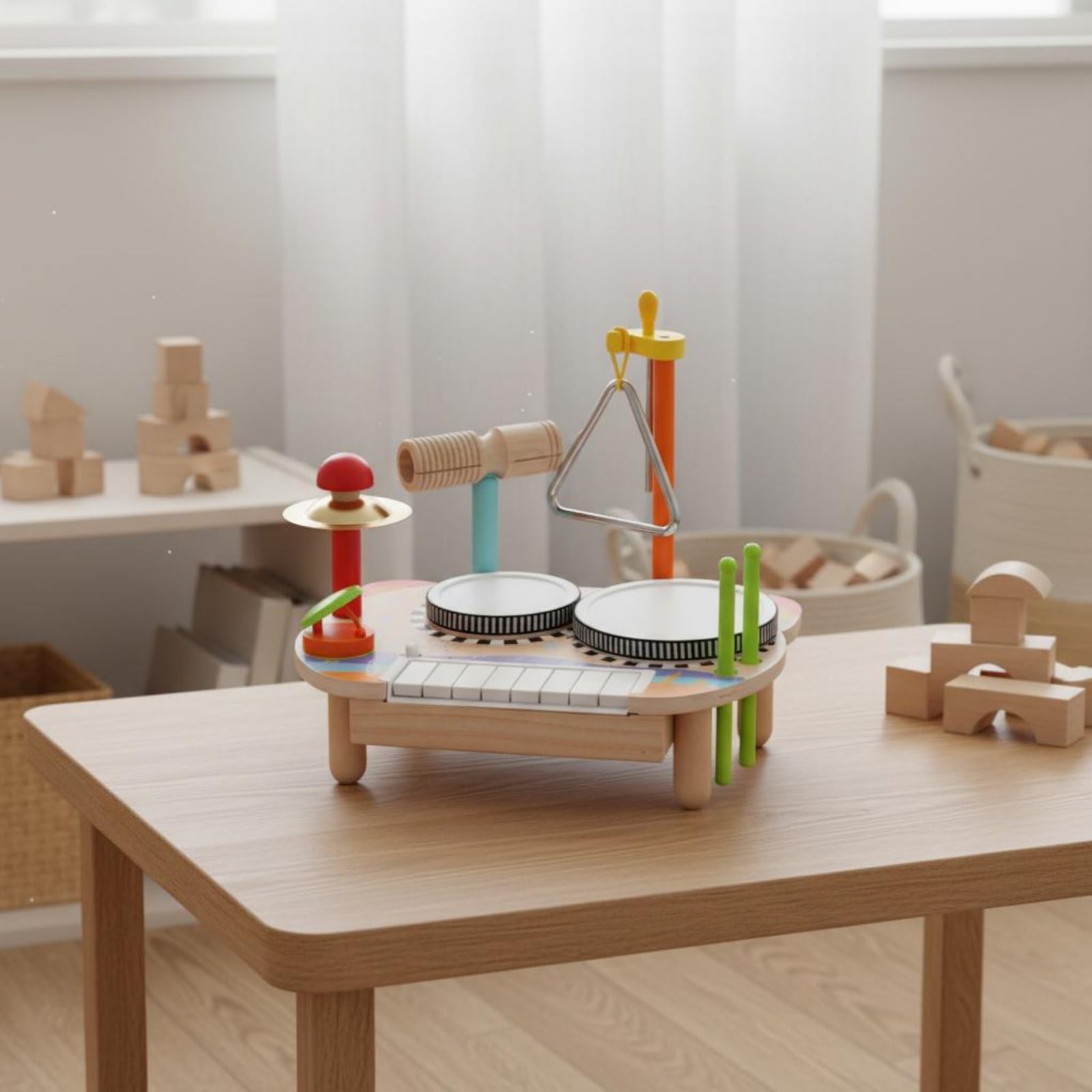 Amagogo Xilófono Infantil Tabla de Percusión Tambor Triángulo Platillo Maraca de Madera Educativo Coordinación Adecuado para Niños Pequeños Aprendizaje Temprano Aula Hogar
