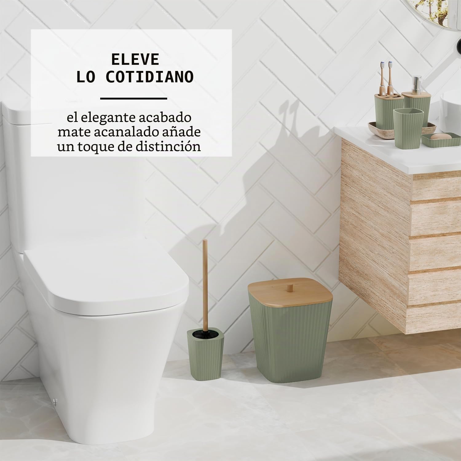 Clara Clark Juego de 20 Accesorios de baño Verde Salvia, Juego de Cortina de Ducha, Cepillo de Inodoro, Cubo de Basura y dispensador de jabón