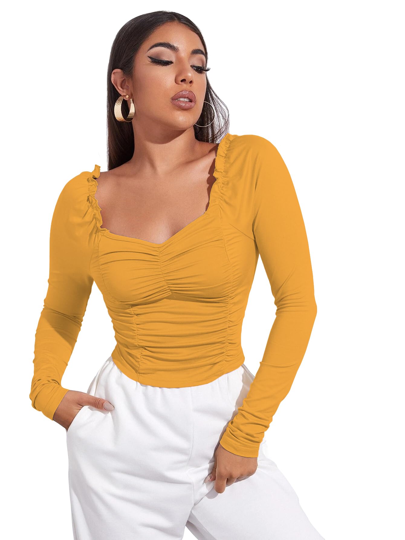 AVANOVA Damski i dziewczęcy długi rękaw Sweat Hear Neck obszycie falbankami Crop Top dla kobiet i dziewcząt (TOP 71)