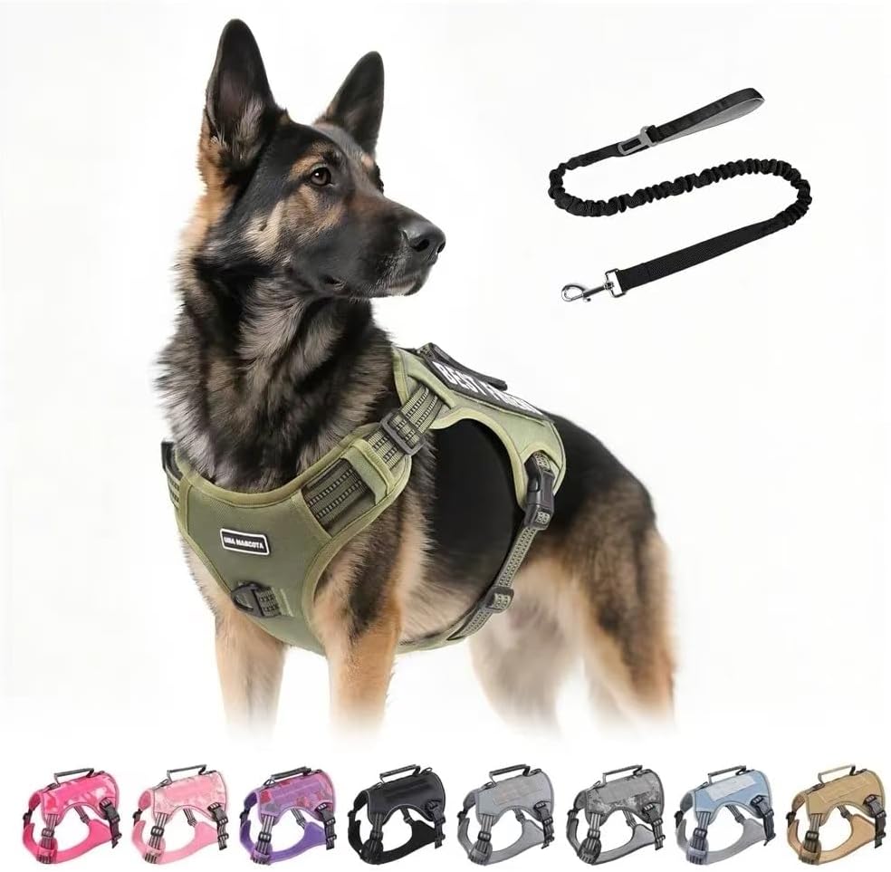 Tactical Dog Harness with Leash for Large Dogs, No Pull Adjustable Dog Harness, Reflective K9 Working Pet Vest for Walking, Training (Army Green, L)