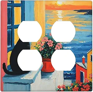 Decorative Outlet Covers Vintage Oil Painting Style Black Cat Sea Flowers 2 Gang Wall Plate Cover Double Duplex Receptacle Two Switch Light Switch Cover Plate Jumbo Dual Faceplate