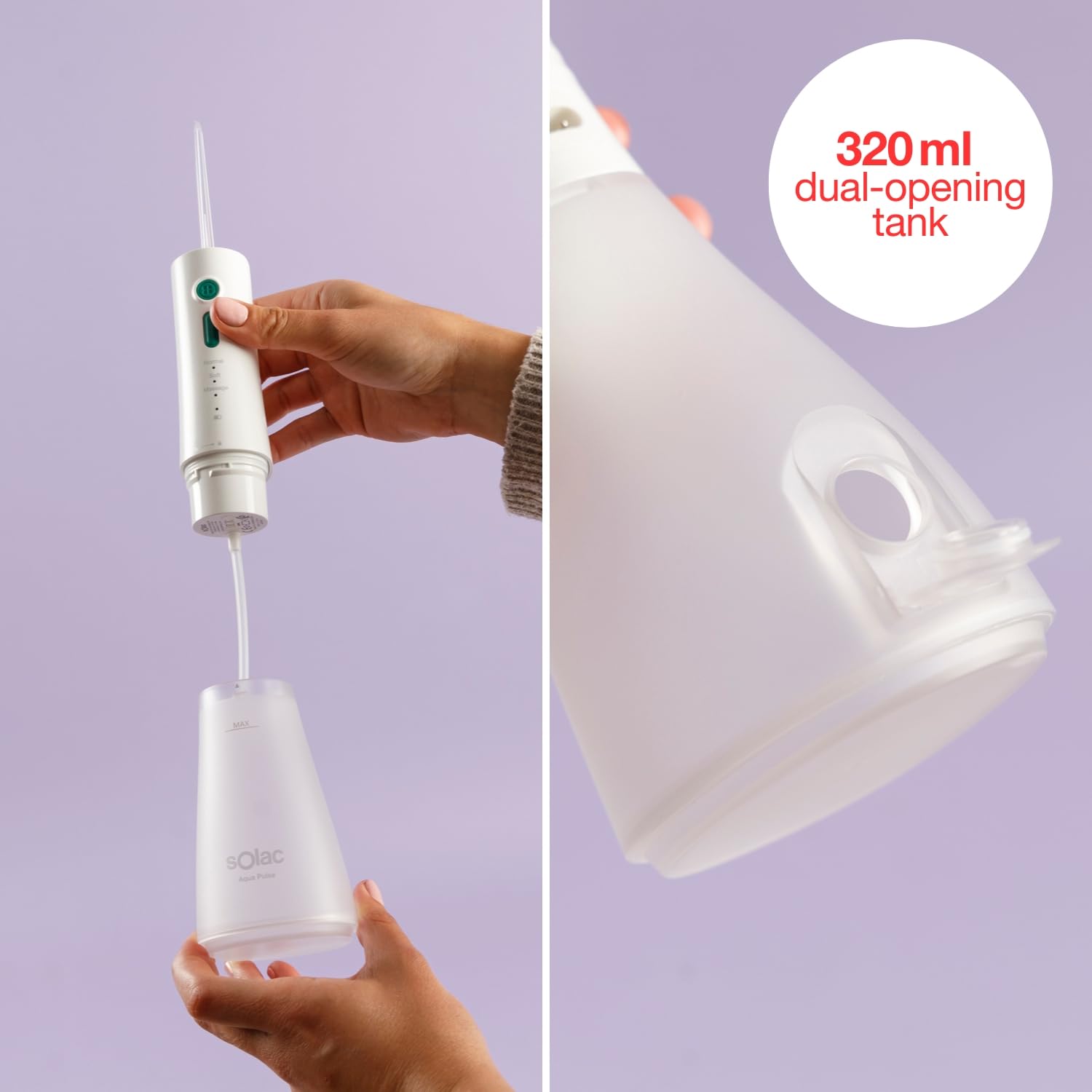 Solac Irrigador Dental Aqua Pulse 320ml 120 pulsos/min 3 niveles presión Batería recargable Cabezal 360º 2 boquillas Auto Off