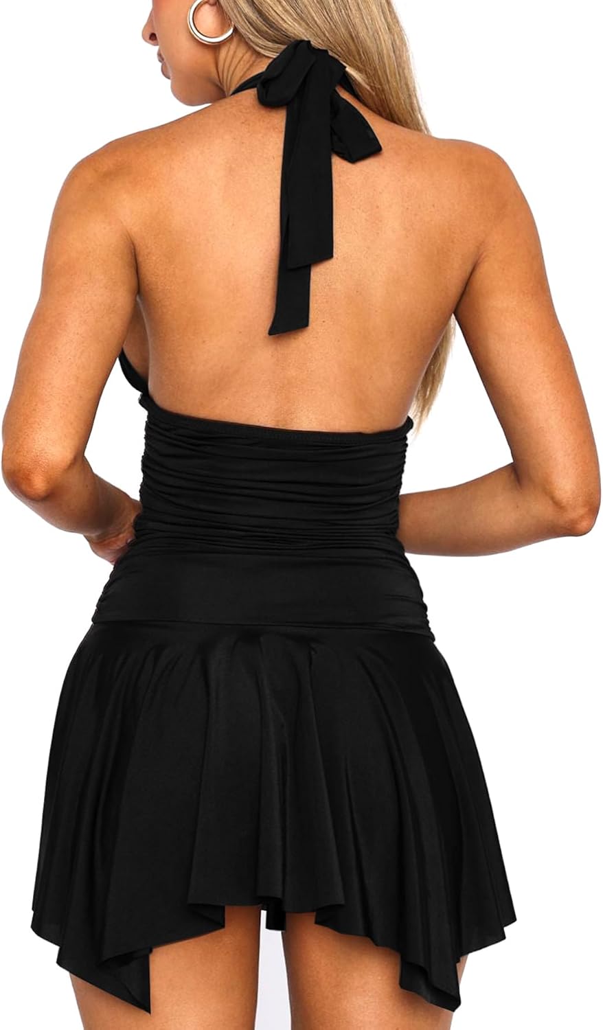 Navneet Women Sexy Y2K Deep V Neck Halter Mini Dress Backless Ruched Party Going Out Short Dress - Image 4