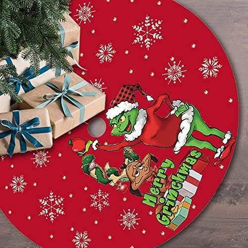 Red Christmas Tree Skirt, Grinch Christmas Tree Decorations Grinch Tree Skirt Ornaments Grinch Christmas Party Decor with Merry Grinchmas Sign,Snowflakes & Dog,Christmas Tree Mat Holiday Decor,48 Inch