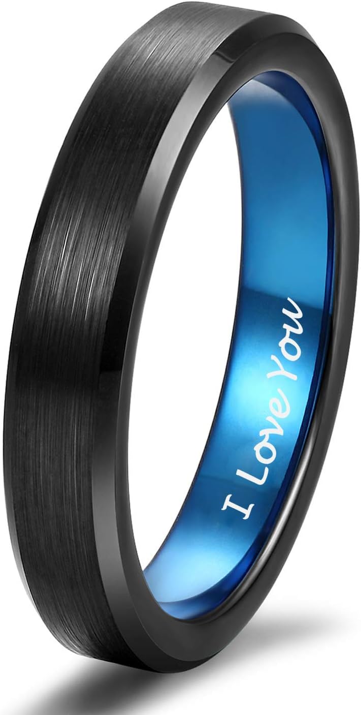 TRUMIUM 4mm 6mm Tungsten Rings for Men Women Black and Blue Wedding Bands Beveled Edges Comfort Fit Size 4-15
