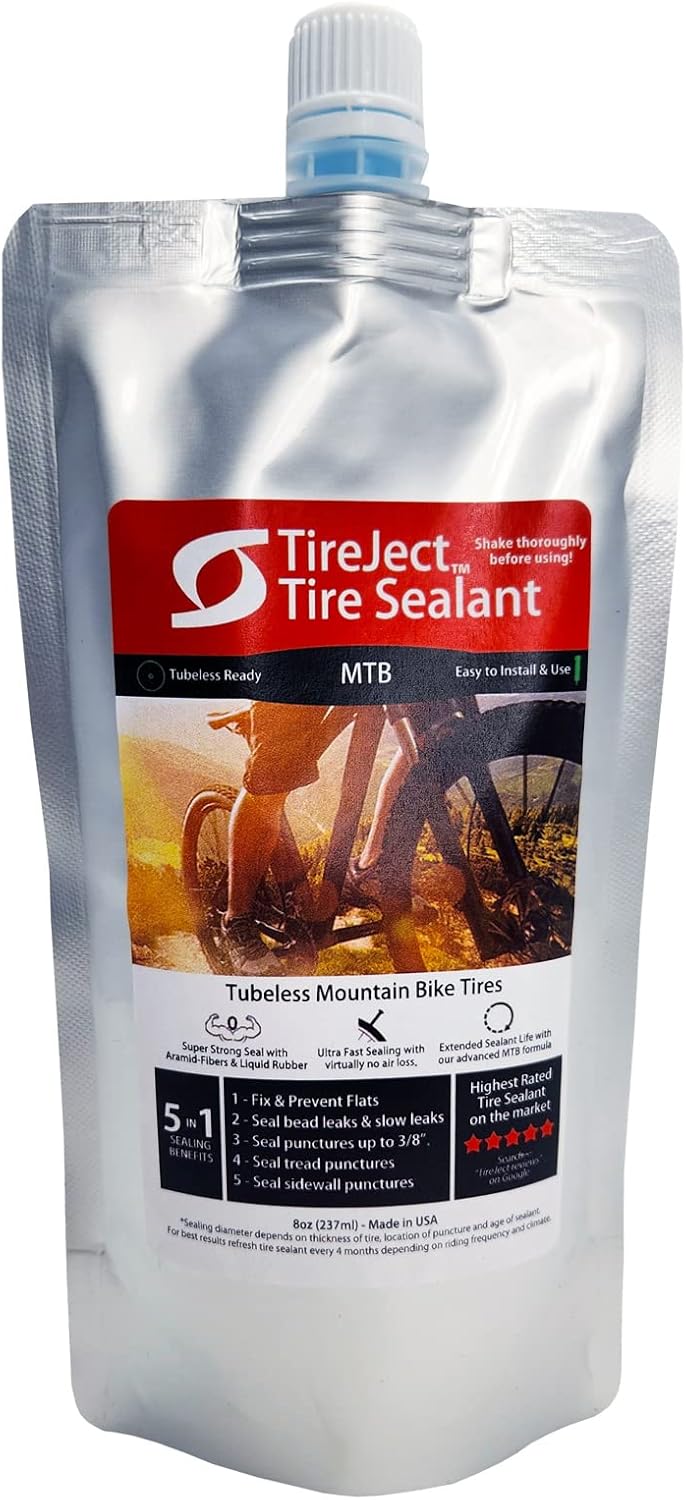 TireJect Mountain Bike (MTB) Tire Sealant Kit - Tubeless & Tubeless Ready Flat Tire Protection - Seal Large punctures 3/8" 9mm, Slow leaks, Bead leaks