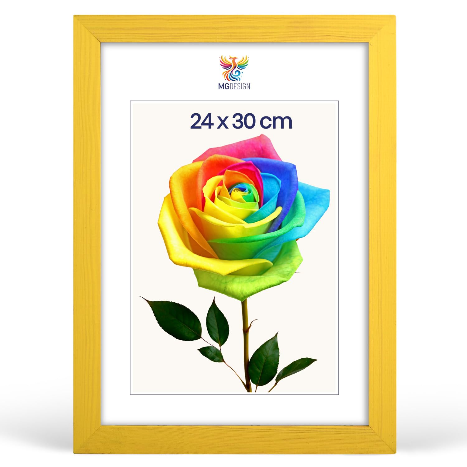 MG Design Yellow Photo Frame 9 x 12 in (24 x 30 cm) – Real Wood Frame with Shatterproof Acrylic Glass, Portrait & Landscape