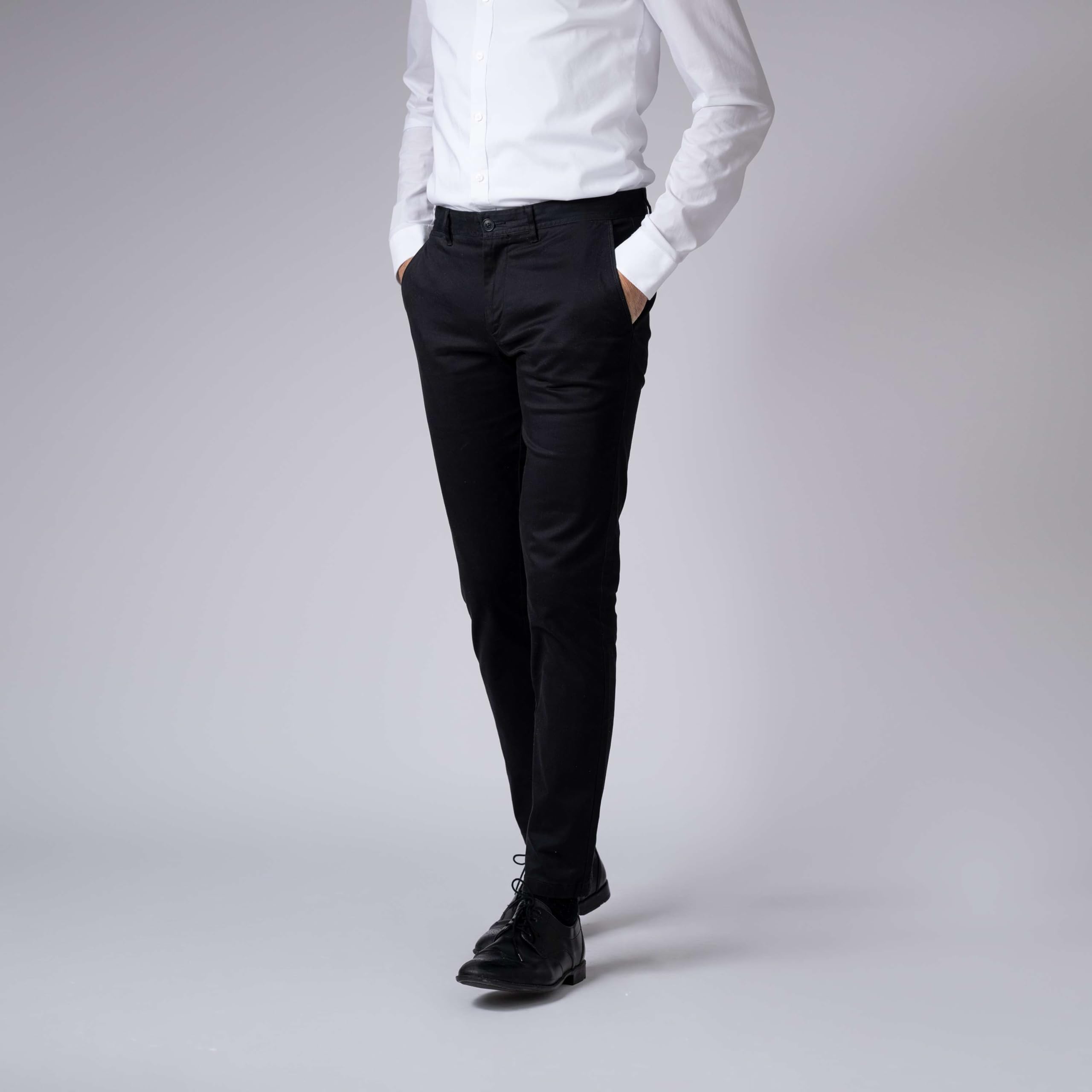 Pantalones chinos para hombre informales con ajuste ajustado elástico, Negro , 30W x 32L