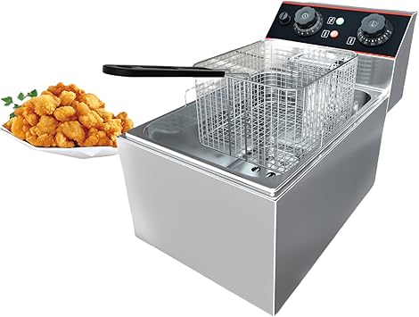 Commercial Deep Fryer, 6.3 QT/6 L Electric Deep Fryer with Single Basket and Lid, Stainless Steel Deep Fryer with Temperature Control for Restaurant or Home Use, 1500W