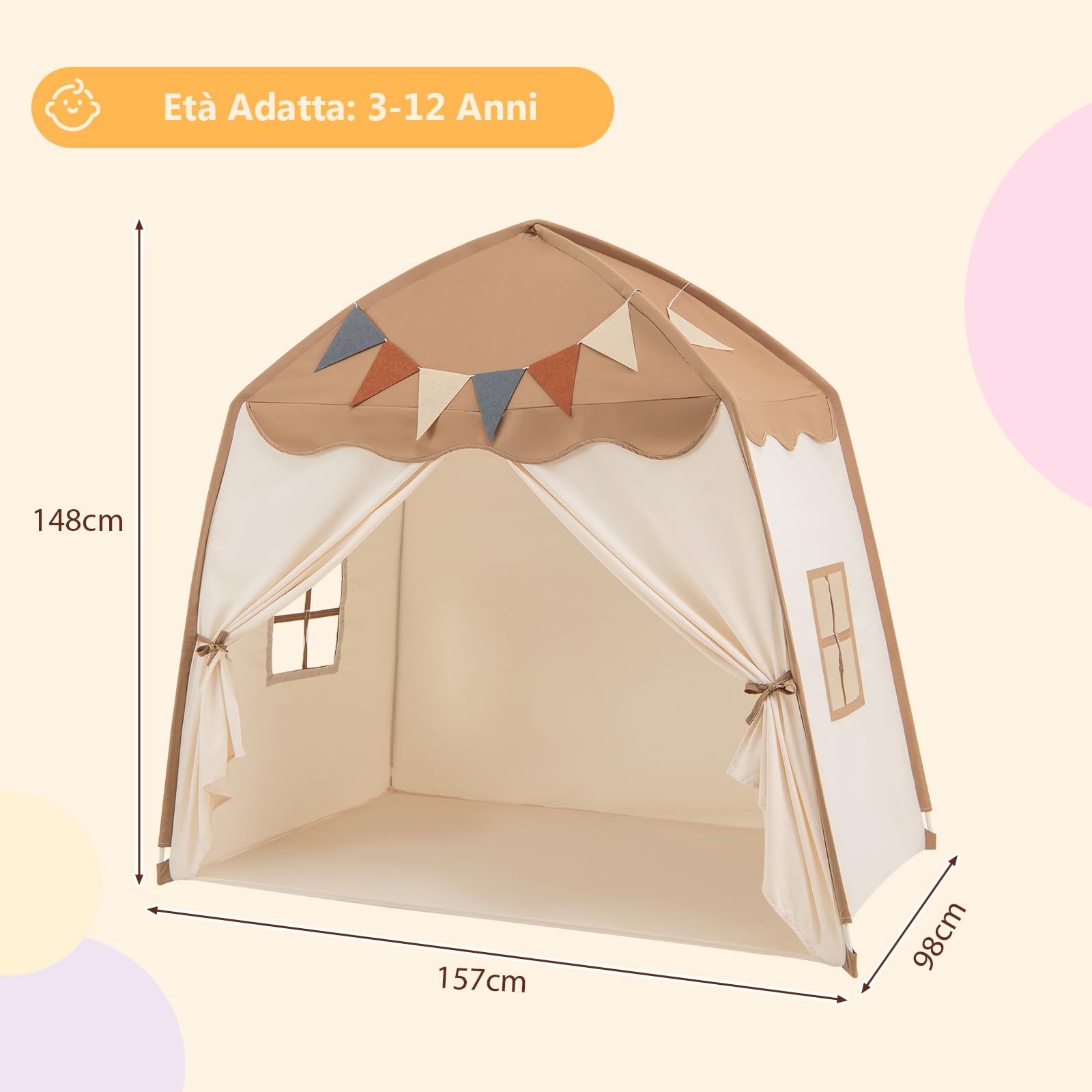 RELAX4LIFE Tenda da Gioco per Bambini fino a 3 Bambini, Tenda Multifunzionale con Luci da 4 m, Bandierine e 2 Finestre Laterali, Tenda Stabile per Giocare e Riposare, 3+Anni (MARRONE)