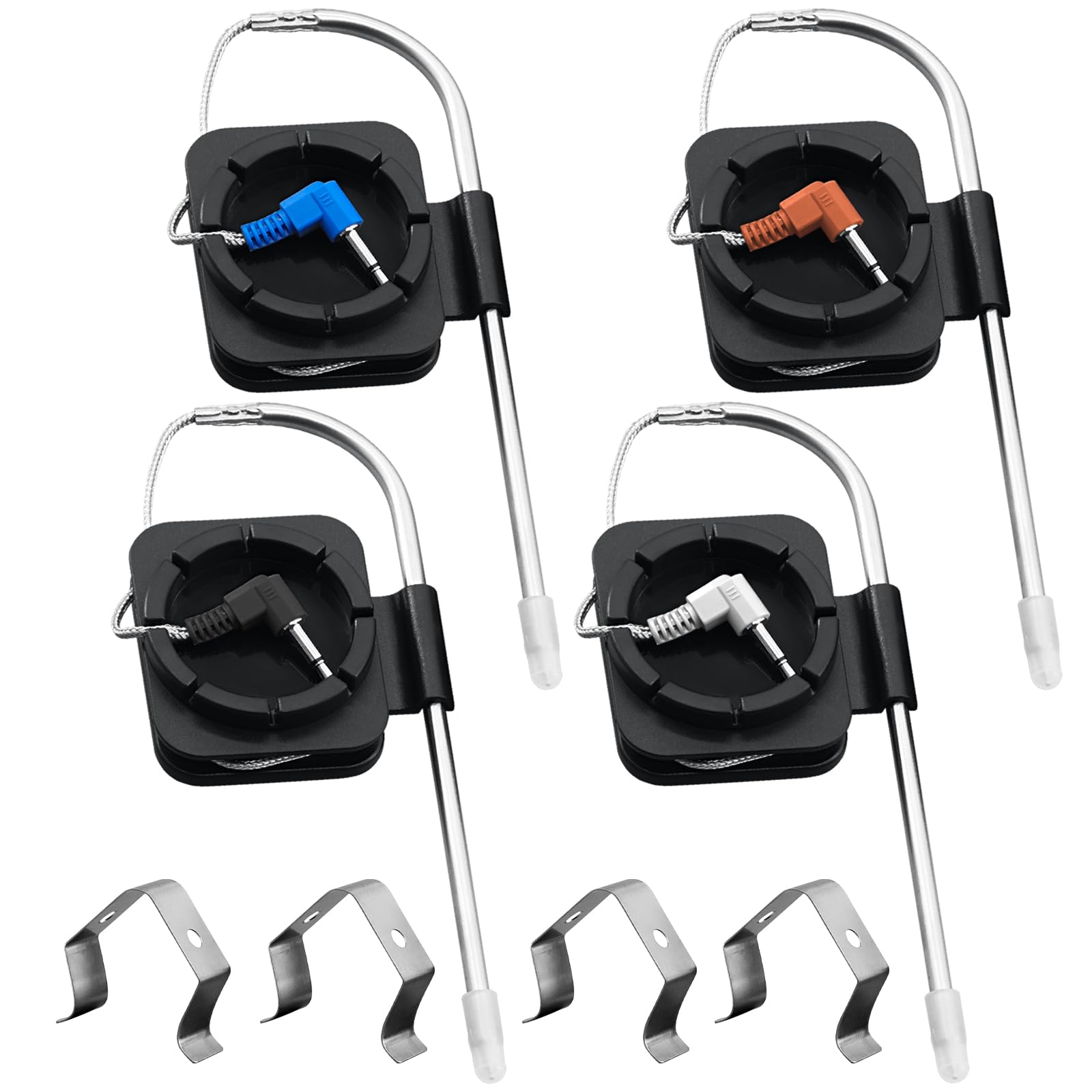 Fleisch-Temperatursonden-Ersatz für Pit Boss Pellet-Grills und Smoker, 3,5 mm Stecker-Thermometer, Sonden mit 4 Fleischsonden-Organizer, magnetische Thermometer, Sonde, Spule und Sonden-Clips, 4 Stück