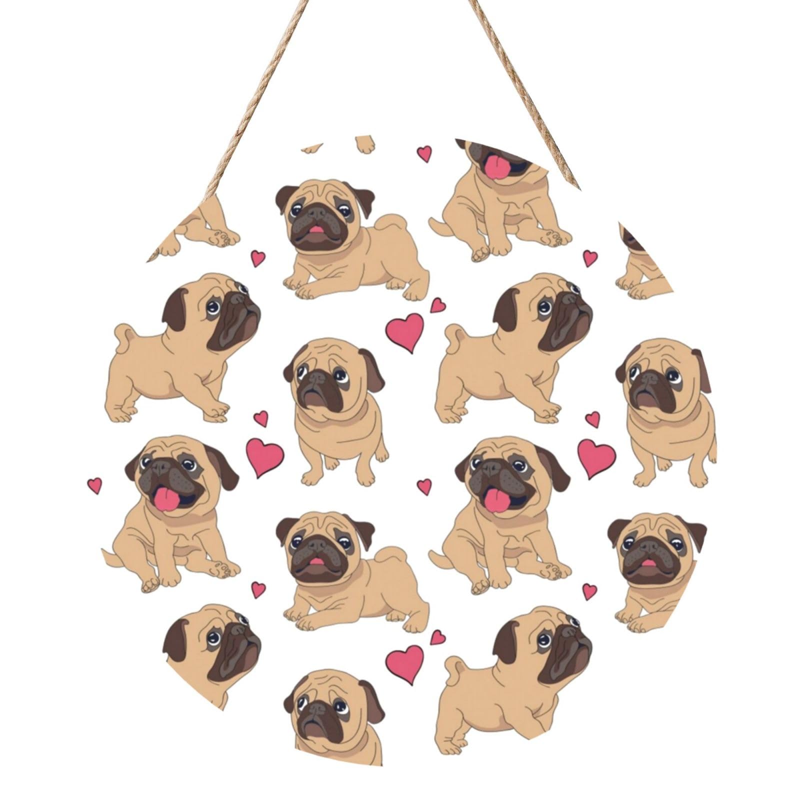 InOmak Funny Cartoon Pugs Puppies, Round Wood Panel Painting 12 in, Wall Hanging Painting For Home