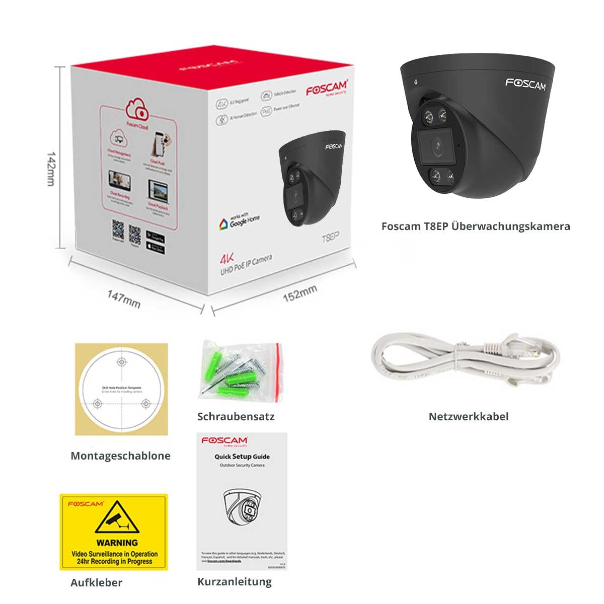 8 MP PoE Outdoor IP-Dome-Kamera mit Lichtspots und Sirene - Foscam T8EP Schwarz