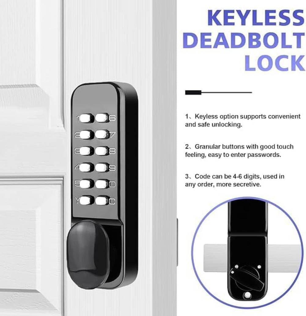 Keyless Entry Door Lock, Keypad Deadbolt, Mechanical Combination Doors Lock, Passcode Code Gate Lock with Handle Set, Black