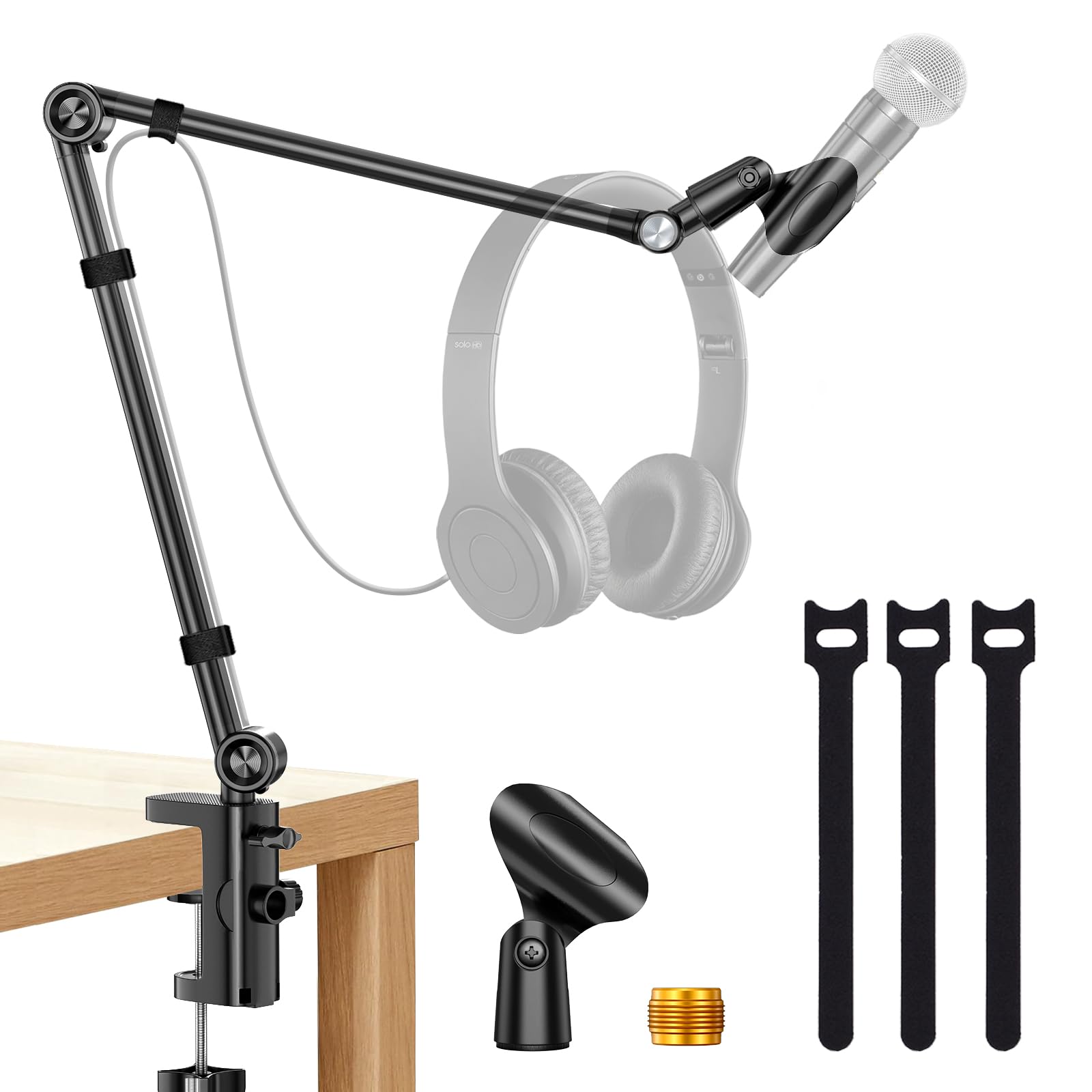UBeesize 마이크 붐 암, 블루 예티, HyperX 쿼드캐스트, Shure SM7B 및 기타 마이크용 알루미늄 합금 마이크 암 스탠드, 360° 회전 가능한 헤드 마이크 암 데스크 마운트, 팟캐스트 게임용 1cm(3/8인치)에서 1.6cm(5/8인치) 어댑터 포함