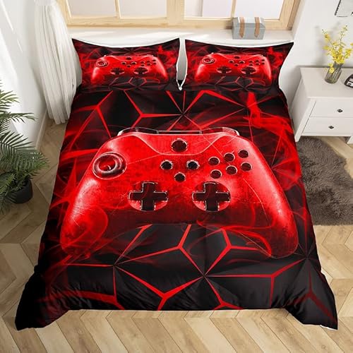 Boys Gaming Comforter Cover Twin Size Games Bedding Set Kids Teens Video Game Controller Duvet Cover Set Gamer Console Action Buttons Bedspread Cover Soft Bright Children Bedroom Decor Zipper Red #TOP10