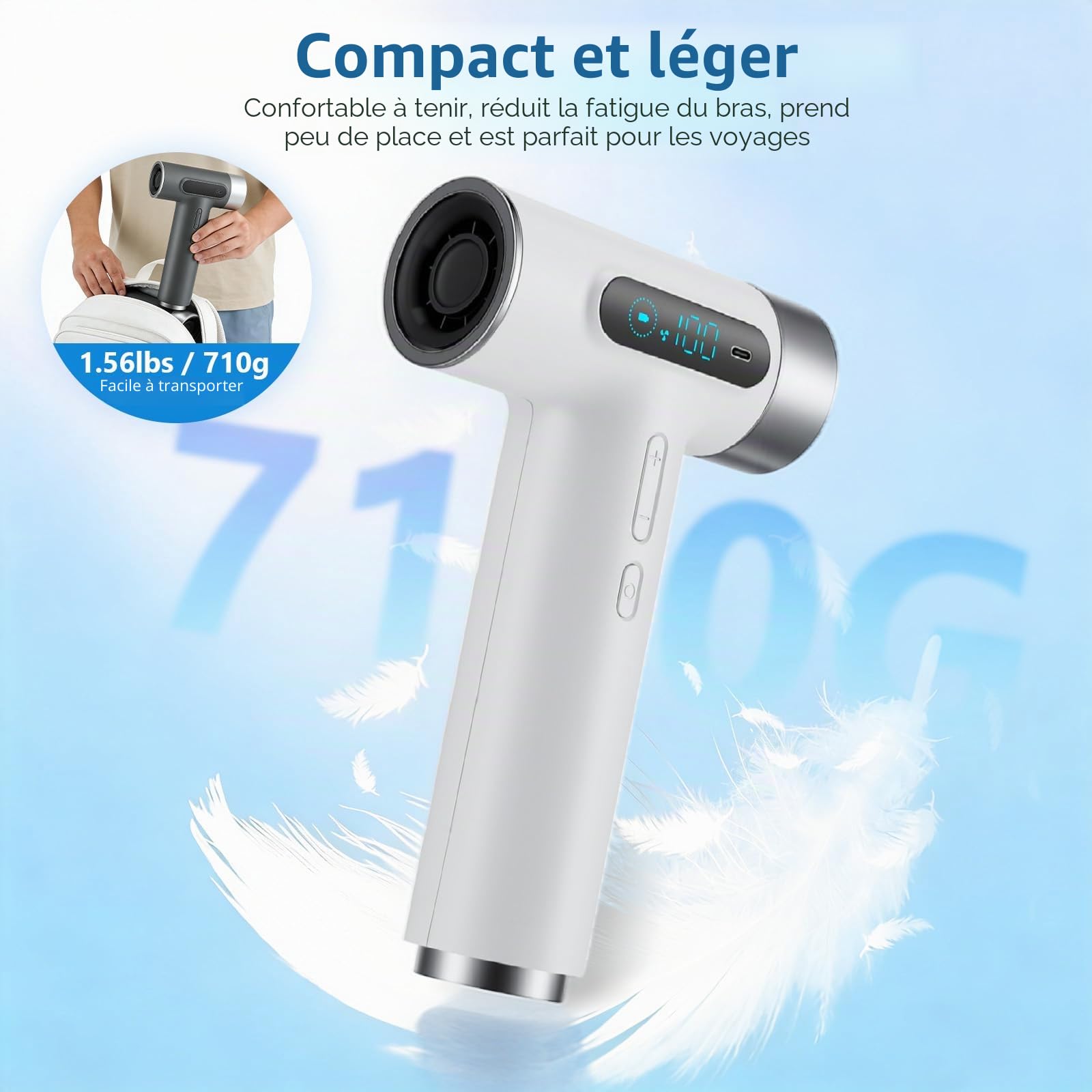 Sèche-cheveux de Voyage Pro avec Batterie 27000mAh - Sèche-cheveux sans Fil avec 100 Températures & Vitesses - Séchoir Portable avec Écran Numérique pour Camping Voyages Hôtel - Blanc