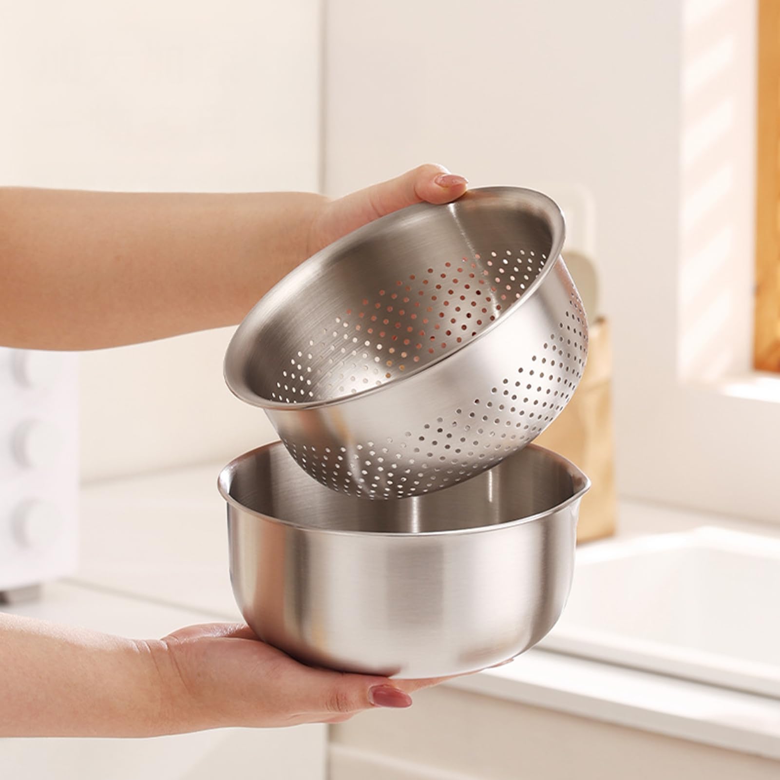 Colador microporoso de acero inoxidable, apto para lavavajillas, cuenco para mezclar ensaladas, lavadora de arroz, verduras, frutas, arroz, lavado de alimentos