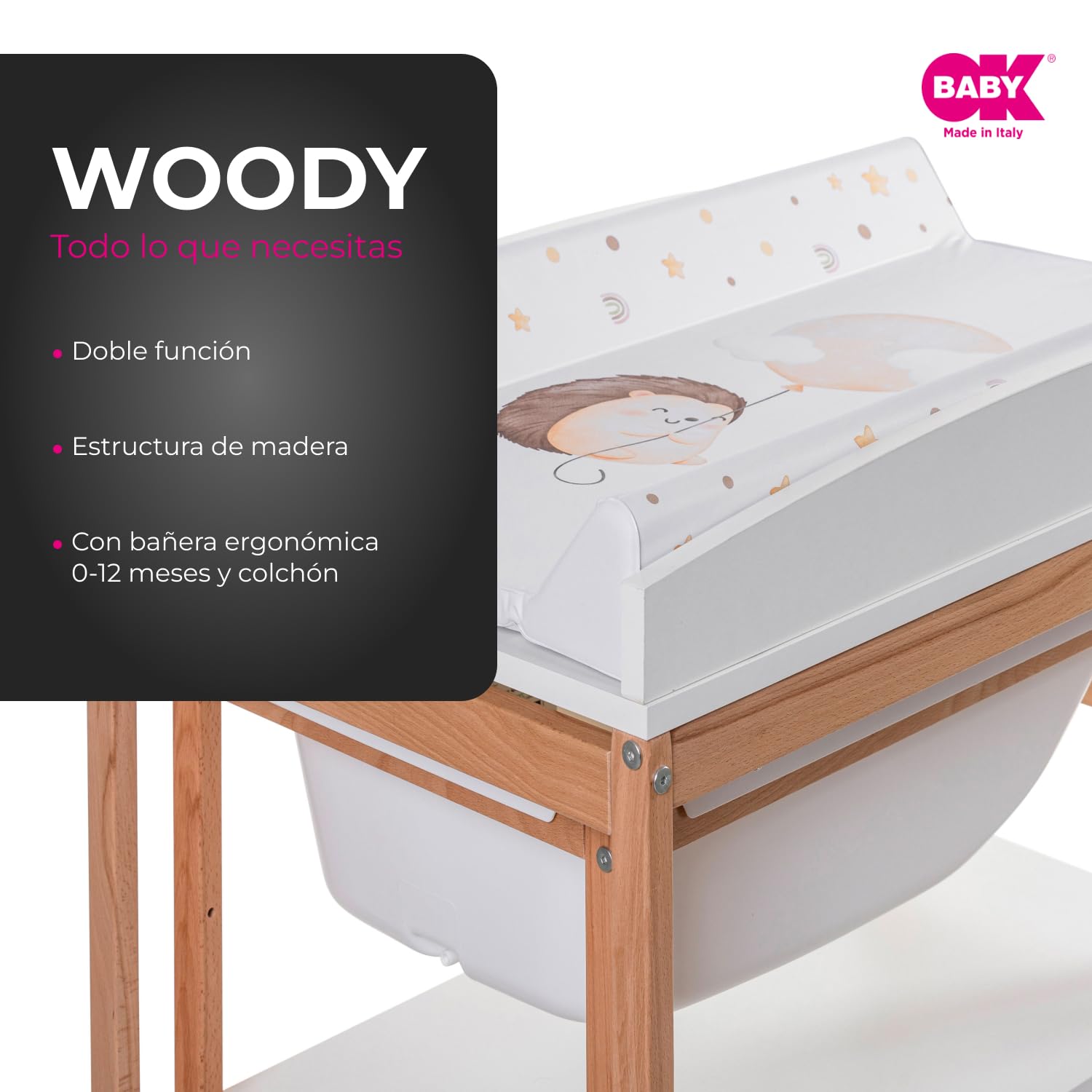 OKBABY Woody - Cambiador de madera con bañera ergonómica y ruedas, completo con cambiador suave para recién nacidos - 0-12 meses (11 kg) - Blanco