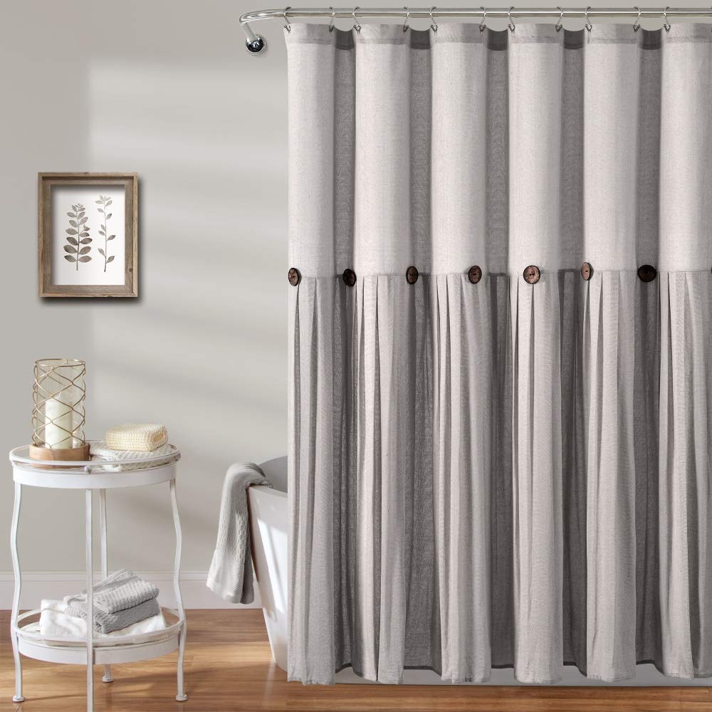 Lush Decor Linen Button Farmhouse Shower Curtain Pleated Two Tone Design for Bathroom, 72" x 72", Gray