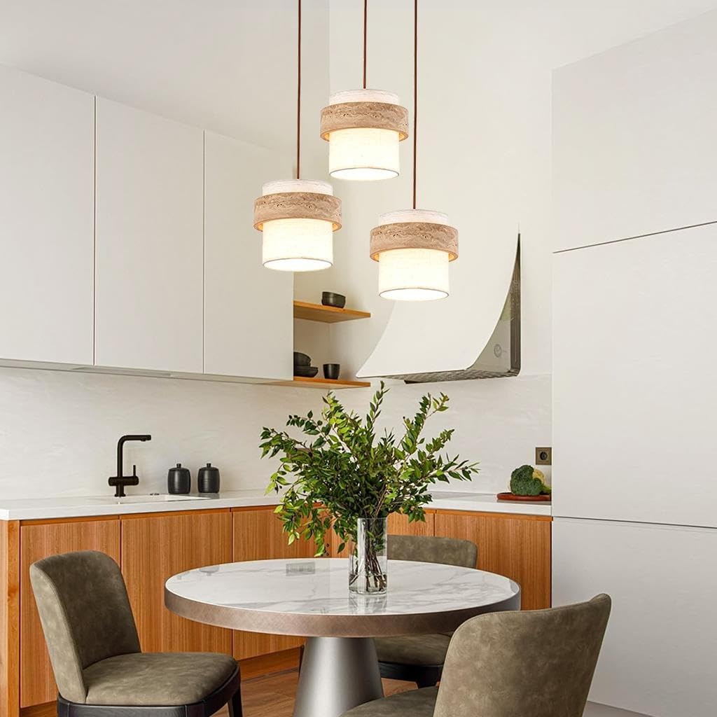 Lampada a Sospensione Base E27 Stile Wabi Sabi Travertino Giallo Lampadario Tessuto Intrecciato and Legno Regolabile Altezza Plafoniera for Sala Cucina Soggiorno Caffè Hall illuminazion(B 3heads)