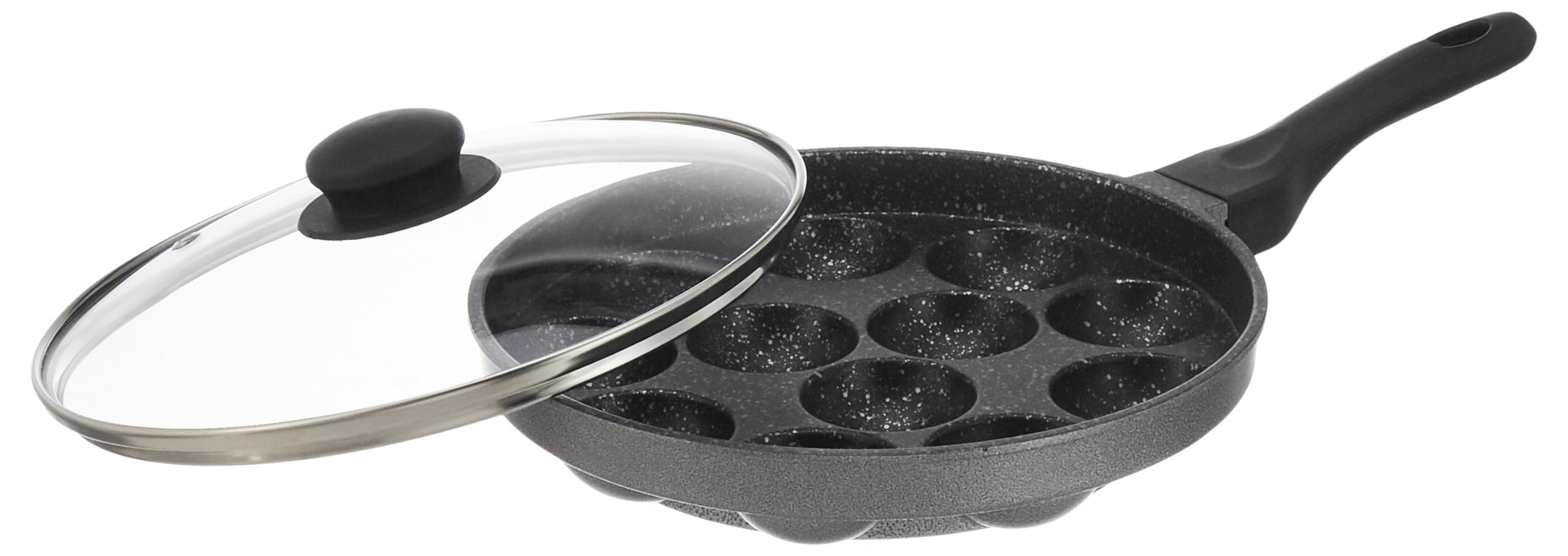 Amazon Brand - Solimo Non Stick Appe Pan with Glass Lid - 12 Cavities - 24 cms | Long Handle and Glass Lid | 3-Layered PFOA, PFOS, Lead, Cadmium and Toxin-free Coating | Appam Pan | Litti Maker (Grey)