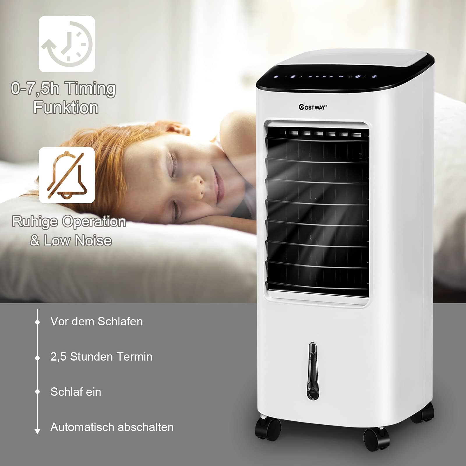 COSTWAY mobile Klimaanlage ohne Abluftschlauch inkl. 2 Kühlakkus | 3 in 1 Klimagerät Luftkühler Luftbefeuchter 75W / 7L Tank / 8H Timer / Fernbedienung / 2 Kühlakkus / 3 Stufen