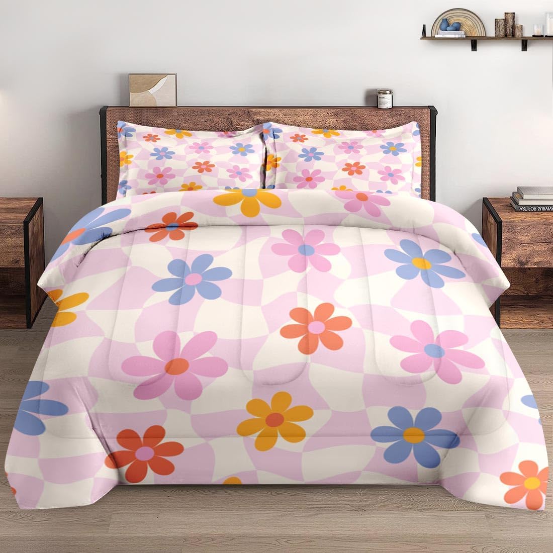 Pamnest Comforter Set Queen Size, Retro Daisy Pink 3 Pcs Soft Bedding for Kids and Adults, Hippie Aesthetic Kids Comforter Set with Pillowcase, for Bedroom Bed Decor