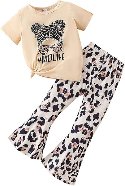 Kids Toddler Girl Clothes Letter Print Graphic Top + Leopard Print Flare Leg Pants 2PC Summer Clothing Set