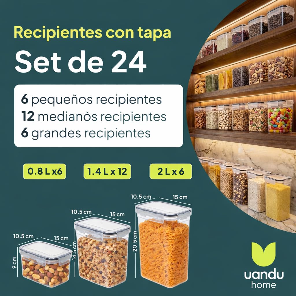 uandu Juego de 24 recipientes de almacenamiento herméticos con tapa, sin BPA, para cereales, harina y azúcar, con bolígrafo y etiqueta