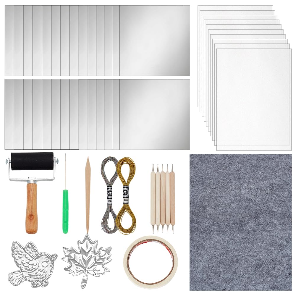 OLYCRAFT 30Pcs Foil Paper Art Foils Sheet 15x15cm Silver Foils Sheets Tinfoil Flashing Metals Sheet with Embossing Tools and Calligraphy Pad for DIY Crafts Painting Embossing Gilding Crafting
