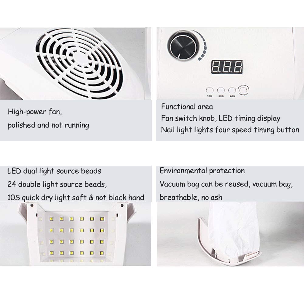 Lampa do manicure, Lampka LED do paznokci Odpylacz Odsysanie pyłu, Sprzęt zdobienia 2 w 1 z wentylatorami, Profesjonalna suszarka manicure 4-biegowym czasem