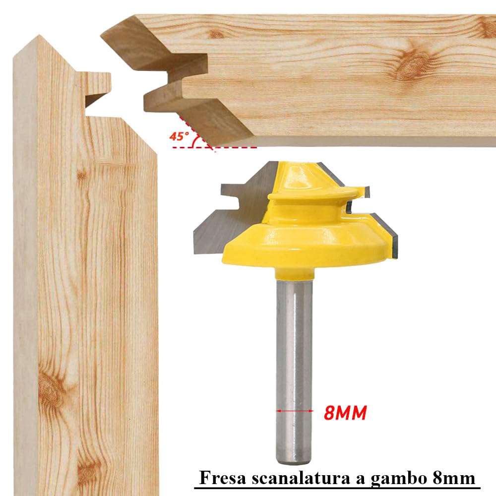 Mesee 8mm Gambo Fresa per Scanalatura Legno, Fresa per Tagli Legno a 45° Lock Mitre Router Bits Router Bit Punte di Falegnameria Strumento per Lavorazione del per Macchina per Incisione