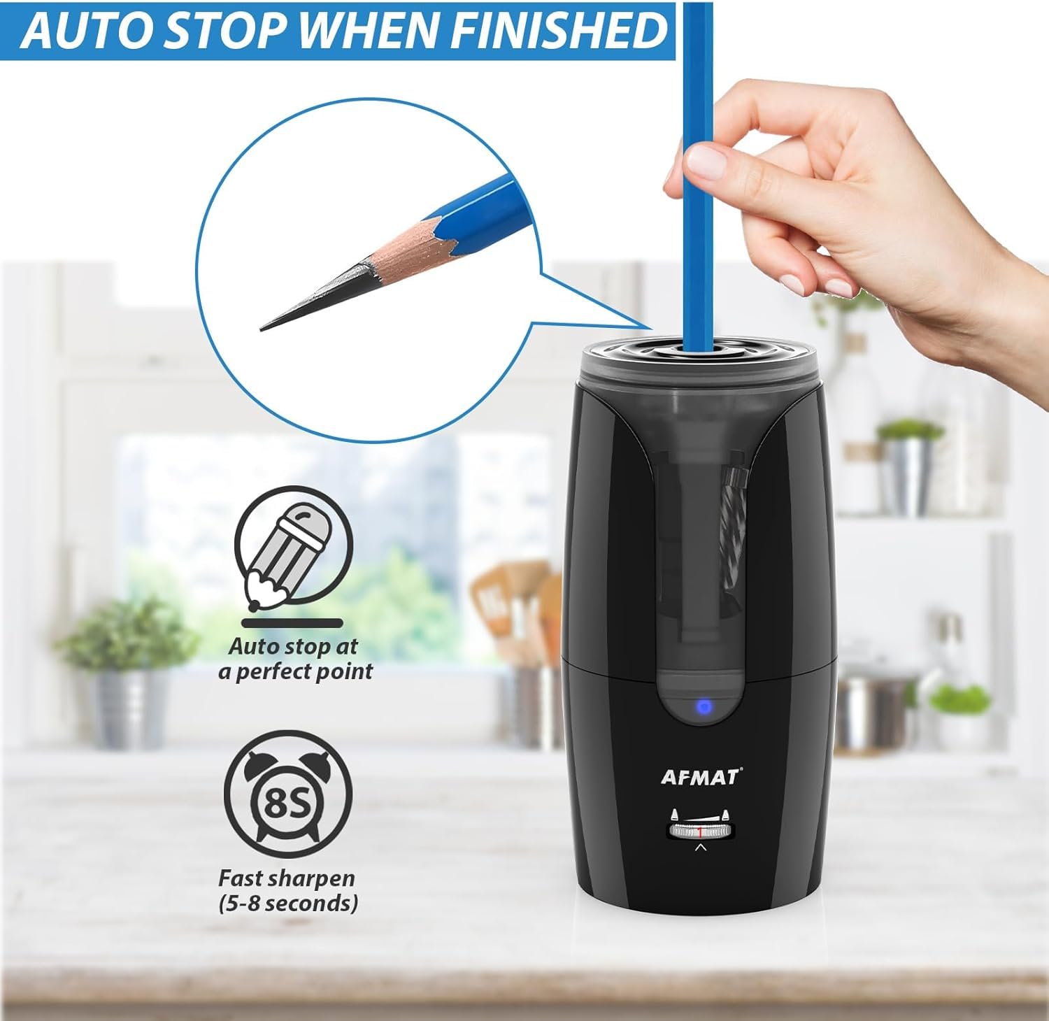AFMAT Elektrischer Anspitzer mit Langer Spitze,Aufladbar Bleistiftspitzer mit Behälter,8-17mm Lange Bleistiftspitzen,Auto-Stop Elektrischer Spitzer dicke und dünne stifte für 6-12mm Kohle Zeichen PS29