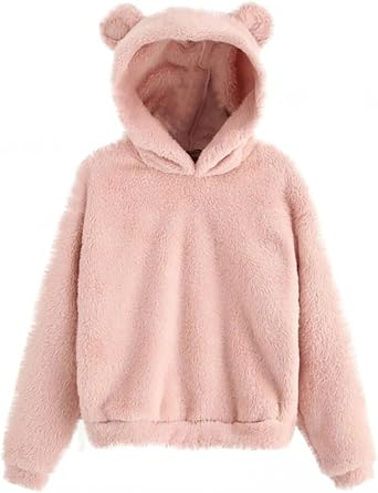 PZUYBZQ Bear Ears Hoodie Women Teen Girls Fluffy Fleece Pullover Autumn Winter Warm Sherpa Lined Cute Hooded Sweatshirt