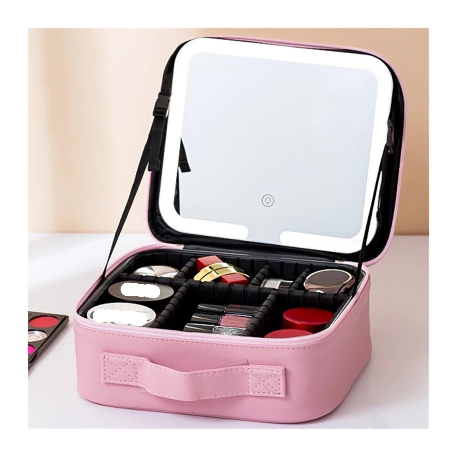 Kosmetiktasche Reise-Make-up-Tasche mit Spiegel for Frauen, tragbares Make-up-Pinsel-Etui mit großem Fassungsvermögen, tragbare, unterteilte Kosmetiktasche