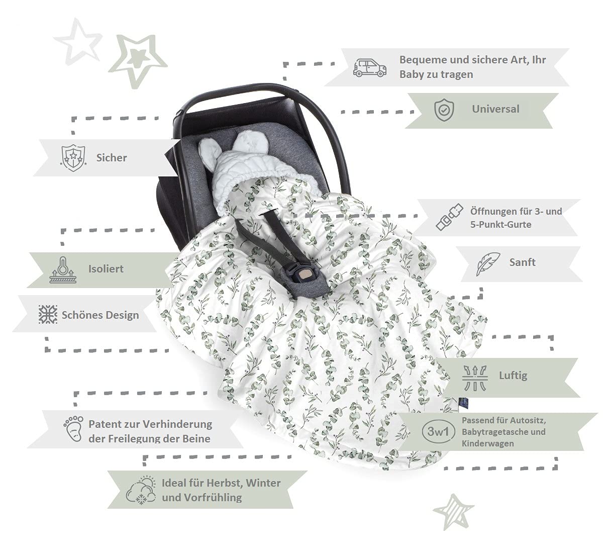 Baby Steps Manta envolvente para portabebés, universal, para asiento de coche, cochecito, cuna, 115 x 90 cm, apta para Maxi-Cosi, Römer, Cybex, fabricada en la UE (Wolf Moonlight-Vintage Khaki)
