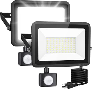 2 Pack 50W LED Flood Light Outdoor,7000 lumens LED Work Light with Motion Sensor and Plug,IP65 Waterproof Outdoor Floodlights,6500K Daylight White Super Bright Security Light for Garden Patio