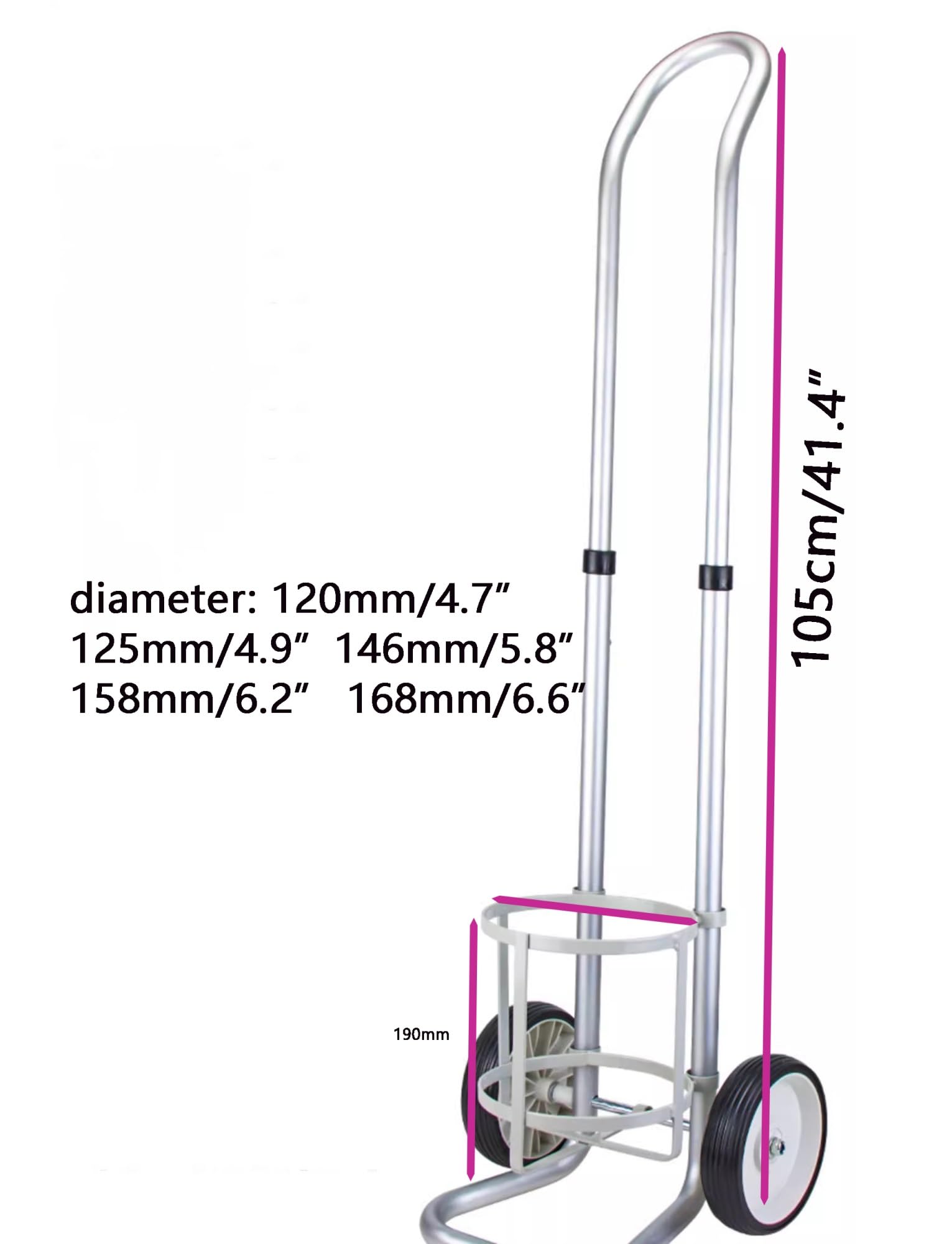Carrello con cilindro di ossigeno, portatile, in lega di alluminio, con manico regolabile, diametro 125 mm, perfetto per uso domestico e medico