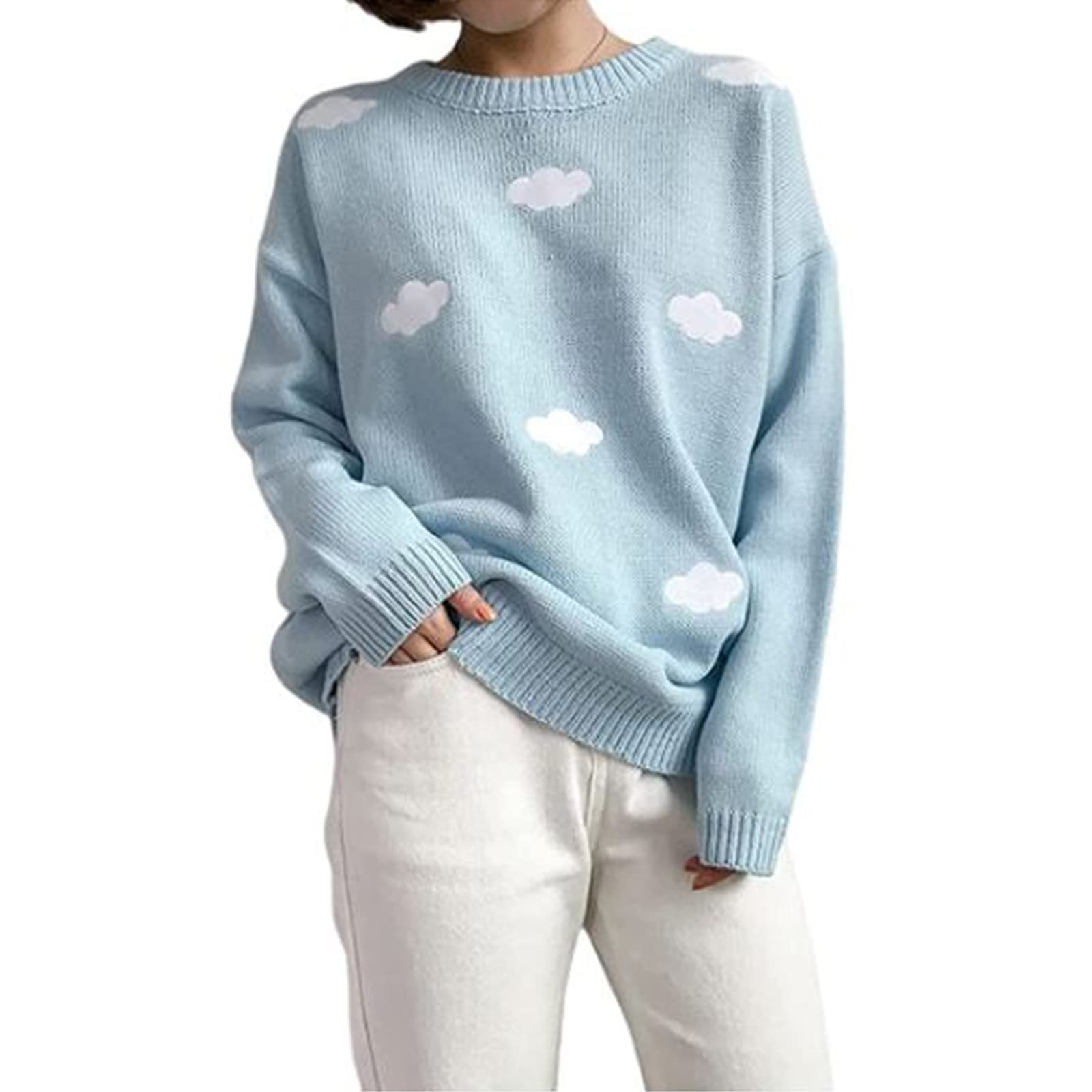 WANGSAURAWomen Casual Sweater Cute Cloud Pattern Knitwear Jumpers Long Sleeve Round Neck Pullover