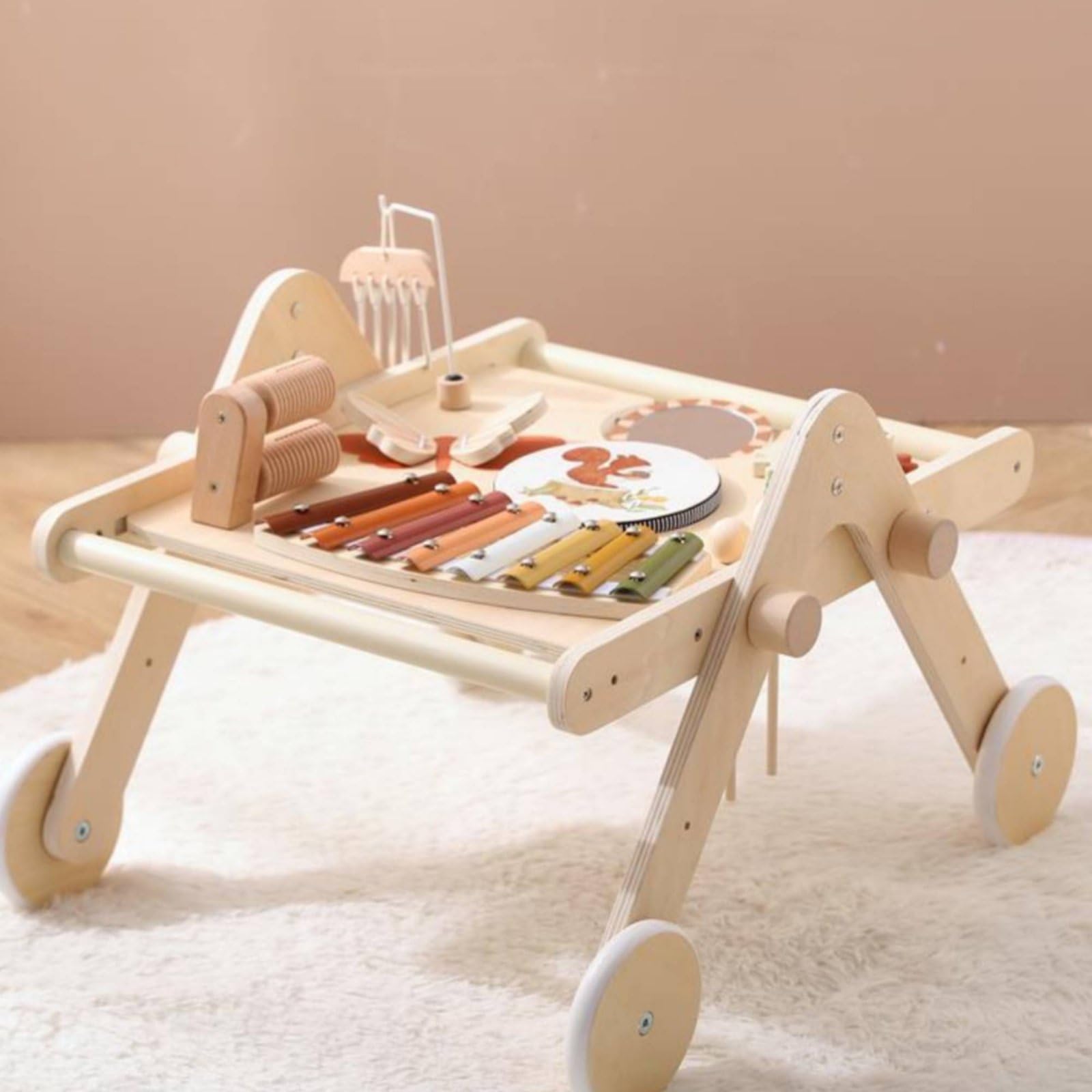Jiuvaso Carrello Musicale Bambino con Tastiera Xilofono E Pannello Girevole Giocattolo da Spinta in Legno con Bordi Arrotondati per Gioco Attivo E Apprendimento Precoce Neonati