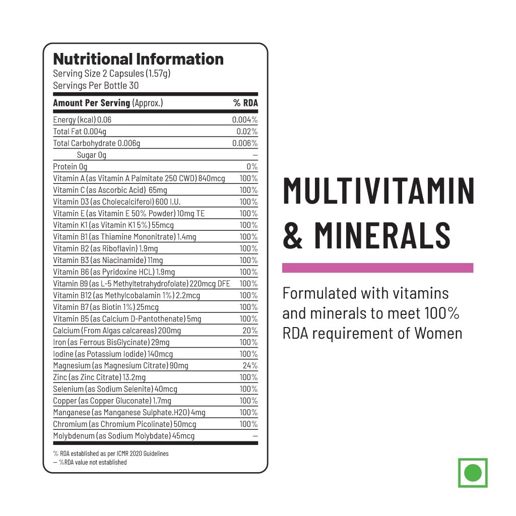 Unived Basics Multivitamin & Minerals For Women, 100% Rda Of All Vitamins With Algae Calcium & Plant-Based Vitamin D3 Plus Important Minerals, Complete Formulation For Health & Wellbeing - Capsule Unived Basics Multivitamin & Minerals For Women, 100% Rda Of All Vitamins With Algae Calcium & Plant-Based Vitamin D3 Plus Important Minerals, Complete Formulation For Health & Wellbeing - Capsule